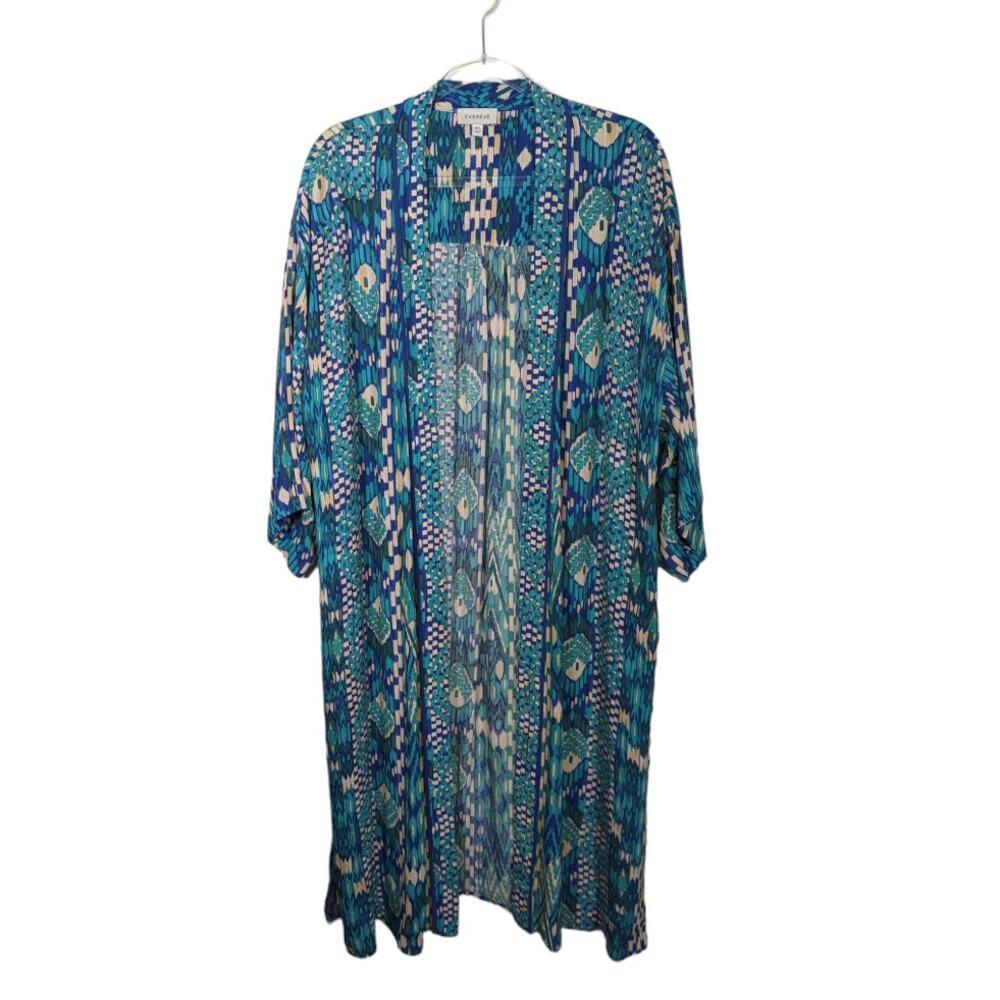 Evereve Sienna Blue Geometric Ikat Print Open Front Kimono Long Line M/L